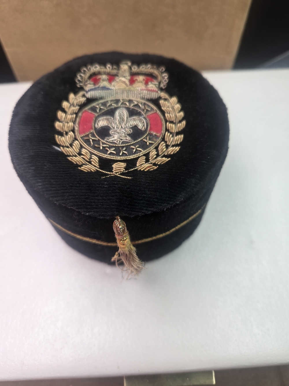 vintage black velvet trinket box embroidered with a gold Imperial Crown